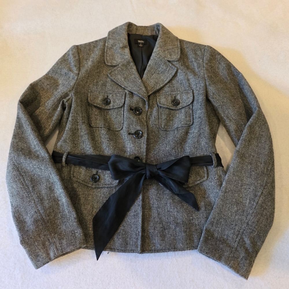 Mossimo Womens Grey Wool Blend Belted Blazer Jacket Tweed Style Size S